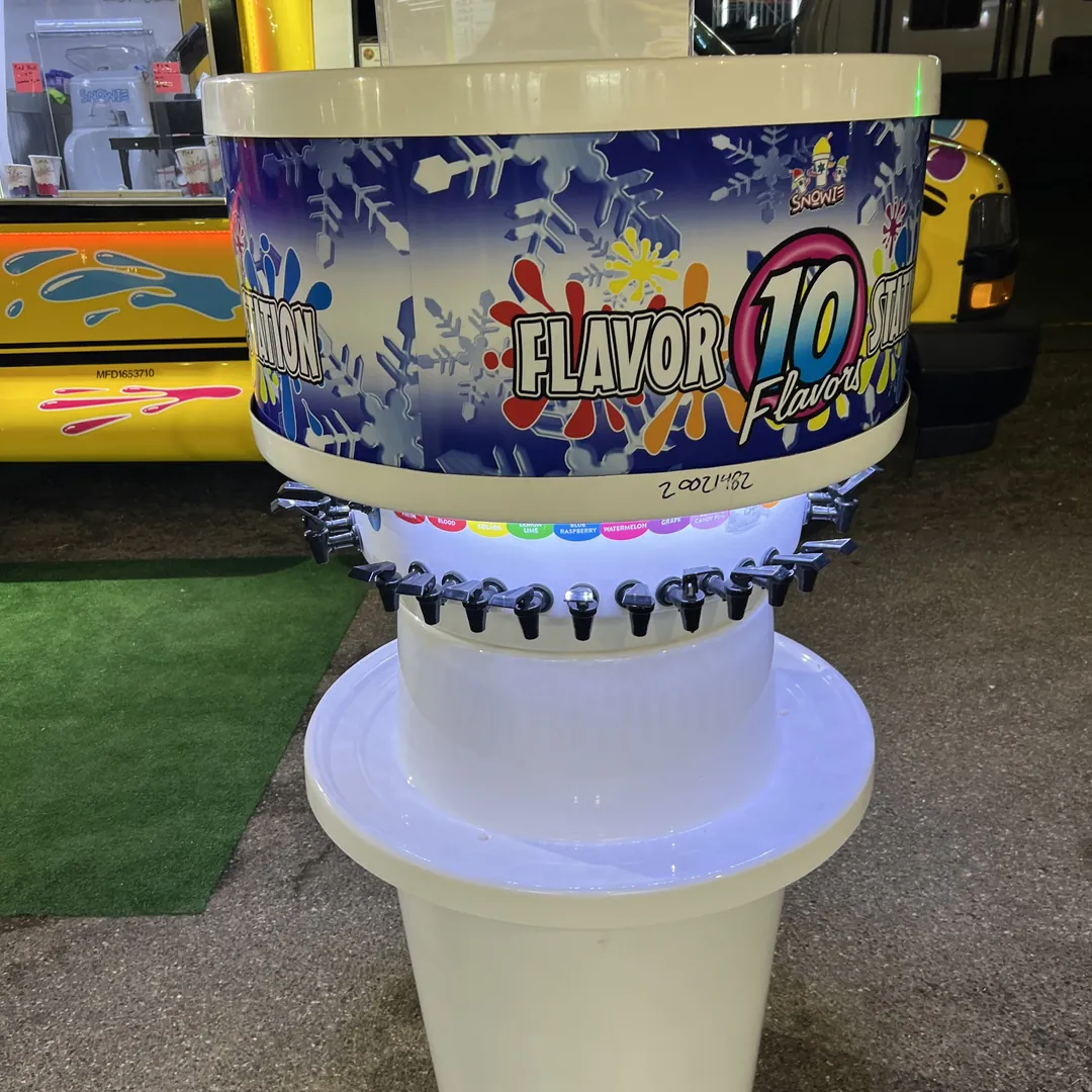 The self-serve 10-flavor Flavor Station lit up at night