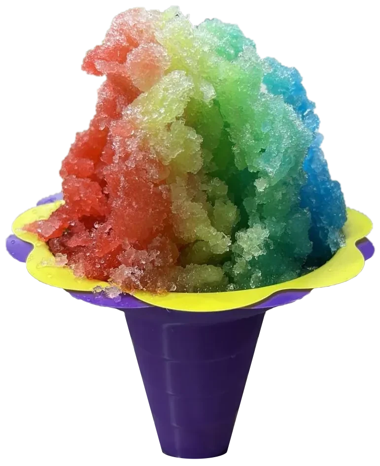 A rainbow shaved ice piled high in a Flower Cup