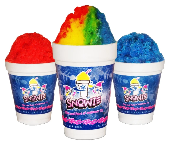 Snowie Shaved Ice in red, rainbow and blue, in Snowie foam cups